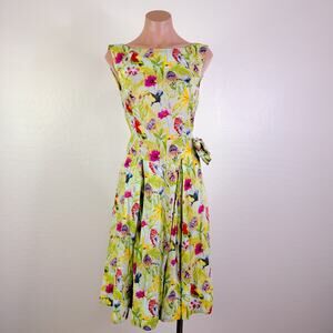 VTG Handmade Cotton A-Line Floral Bird Novelty Midi Rosette Grannycore Dress